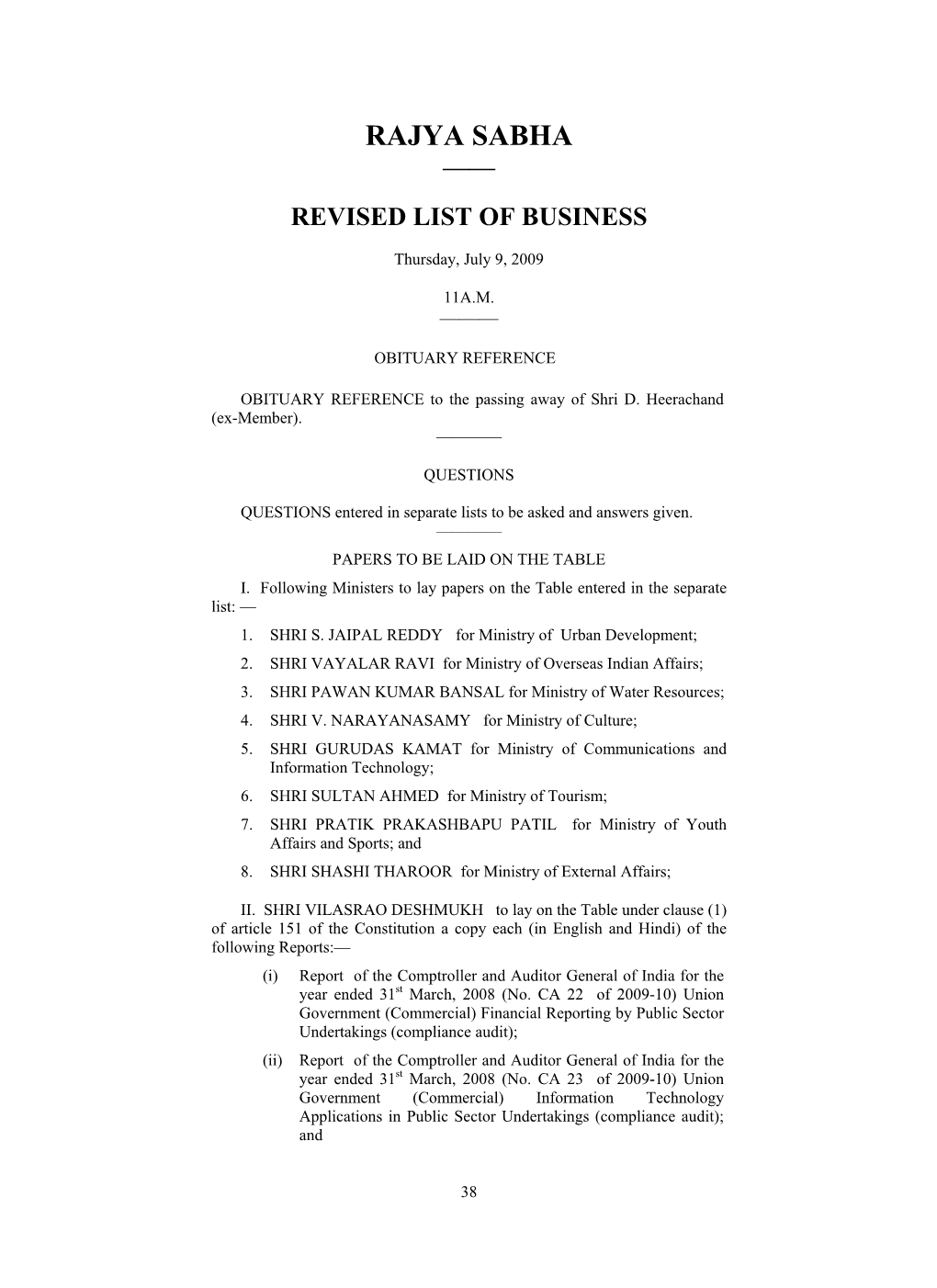 Rajya Sabha —— Revised List of Business