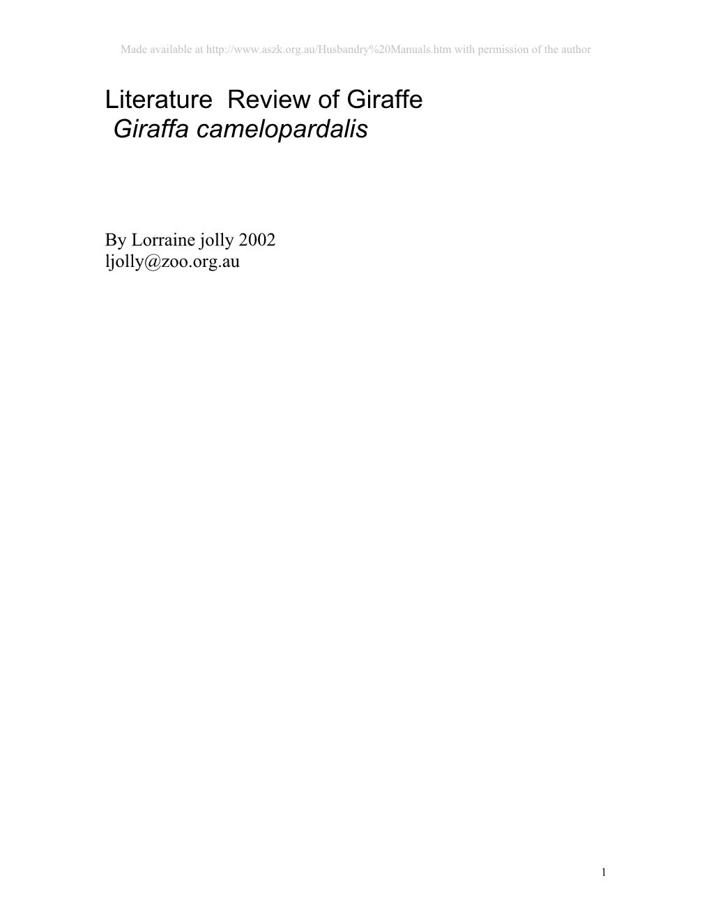 Literature Review of Giraffe Giraffa Camelopardalis