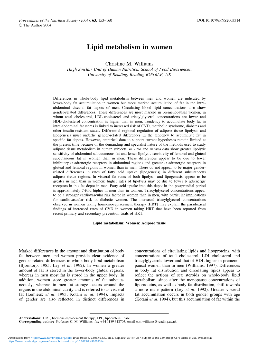 Lipid Metabolism in Women