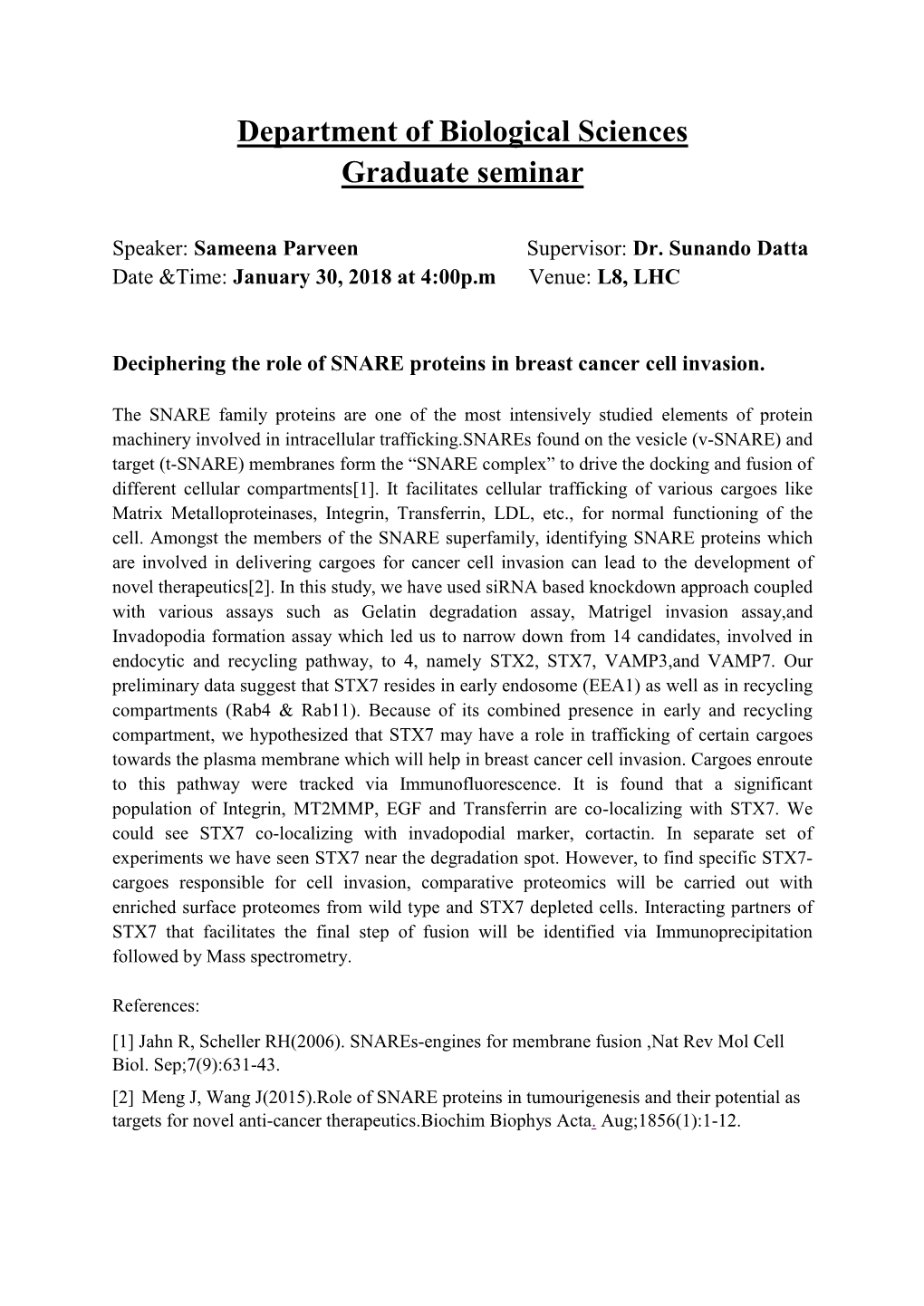 Department of Biological Sciences Graduate Seminar