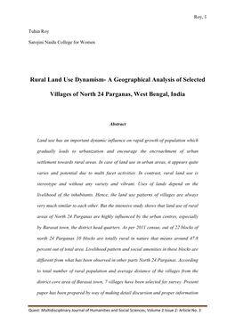 Rural Land Use Dynamism- a Geographical Analysis of Selected Villages of North 24 Parganas, West Bengal, India