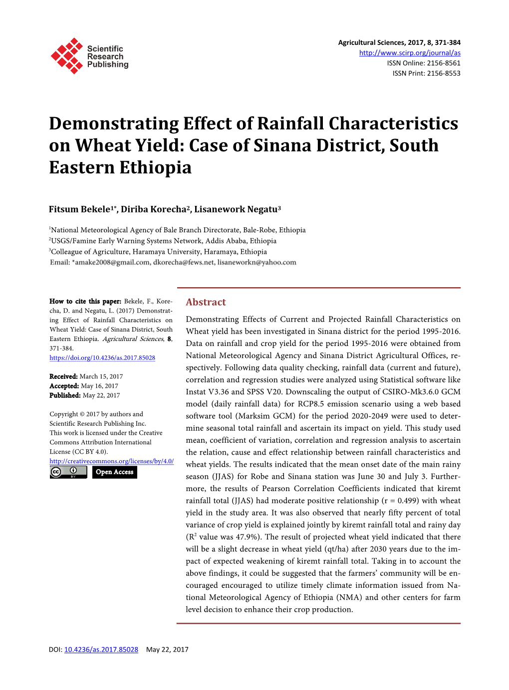 Demonstrating Effect of Rainfall Characteristics on Wheat Yield: Case of Sinana District, South Eastern Ethiopia