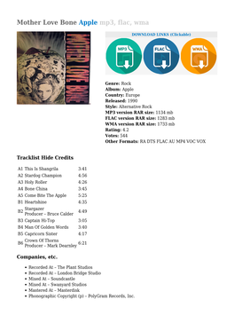 Mother Love Bone Apple Mp3, Flac, Wma