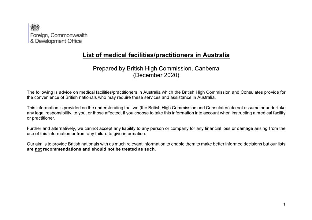 List of Medical Facilities/Practitioners in Australia