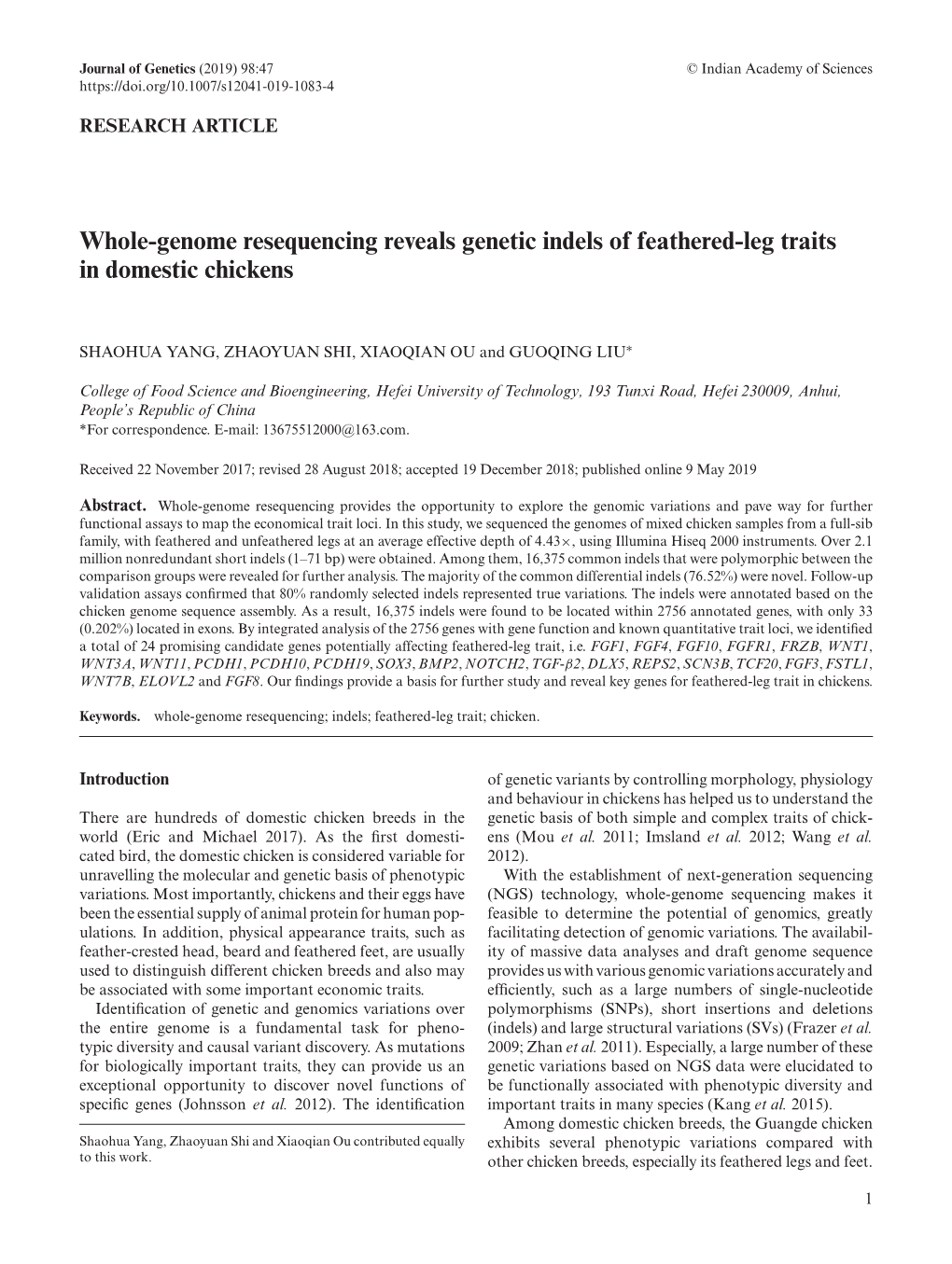 Whole-Genome Resequencing Reveals Genetic Indels of Feathered-Leg Traits in Domestic Chickens