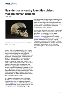 Neanderthal Ancestry Identifies Oldest Modern Human Genome 7 April 2021