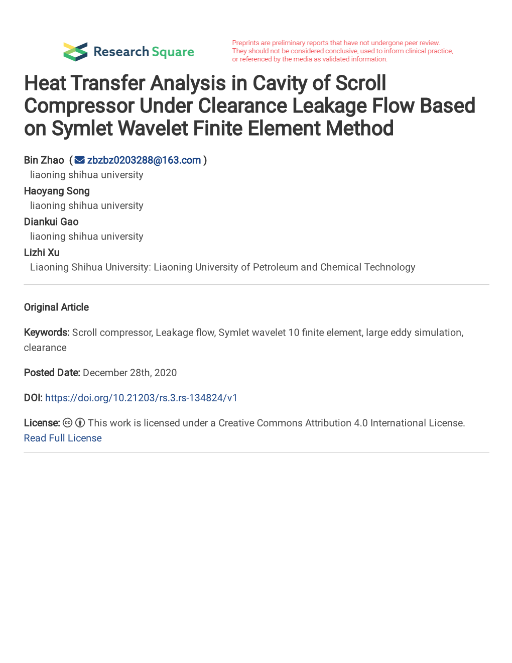 Heat Transfer Analysis in Cavity of Scroll Compressor Under Clearance Leakage Flow Based on Symlet Wavelet Finite Element Method