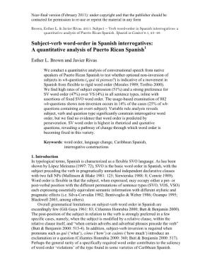 Subject-Verb Word-Order in Spanish Interrogatives: a Quantitative Analysis of Puerto Rican Spanish1
