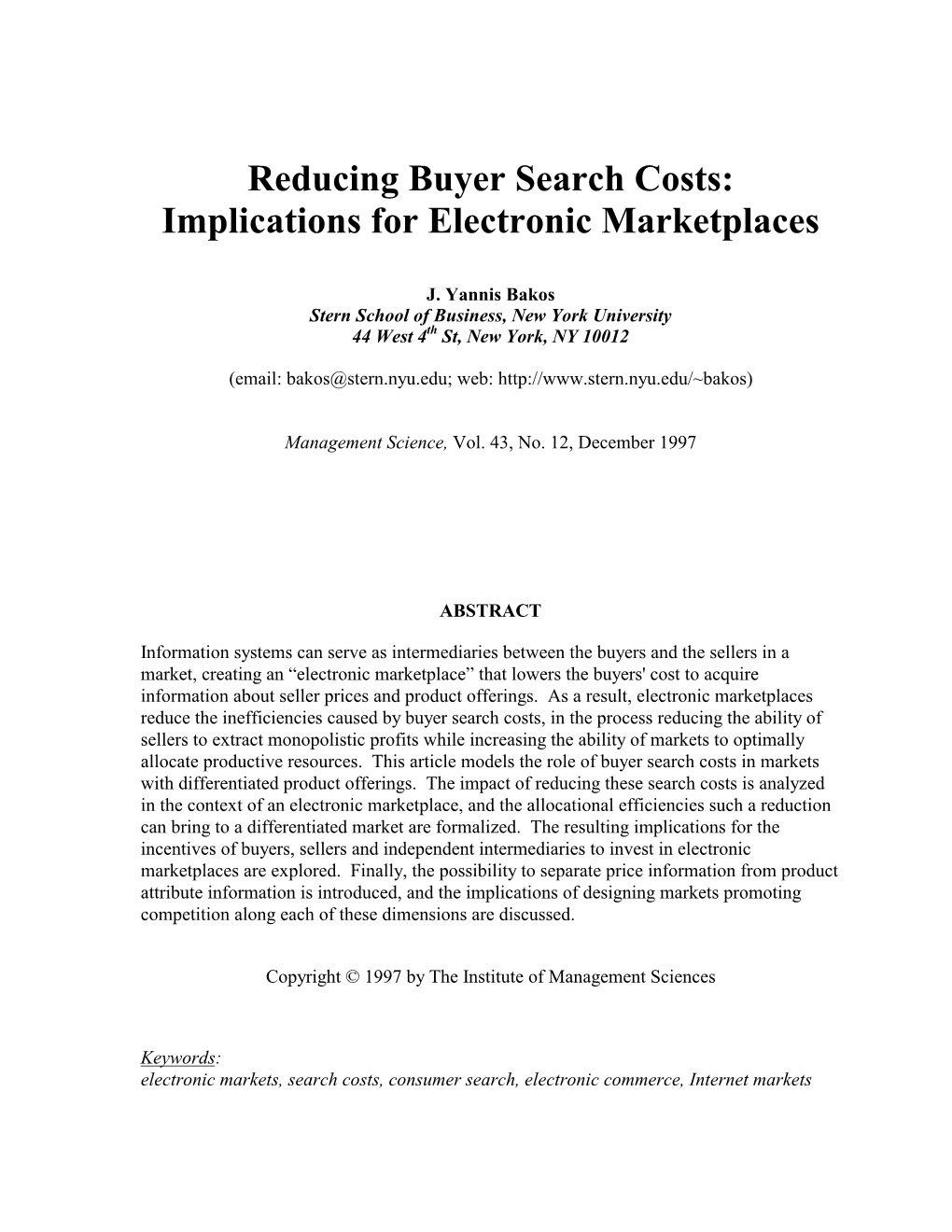 Reducing Buyer Search Costs: Implications for Electronic Marketplaces