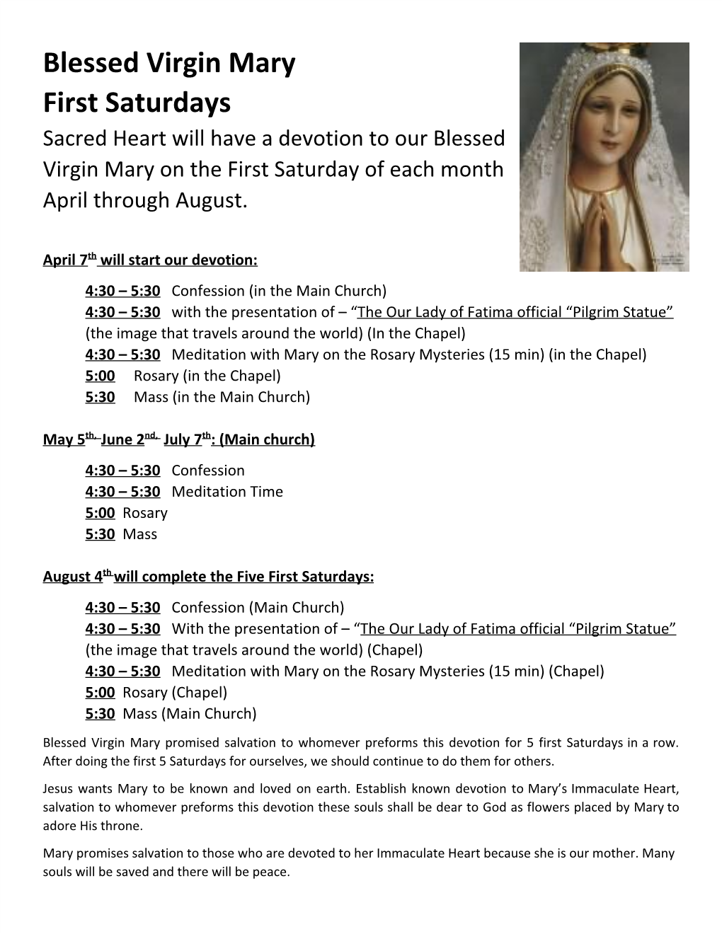 Blessed Virgin Mary First Saturdays Sacred Heart Will Have a Devotion ...