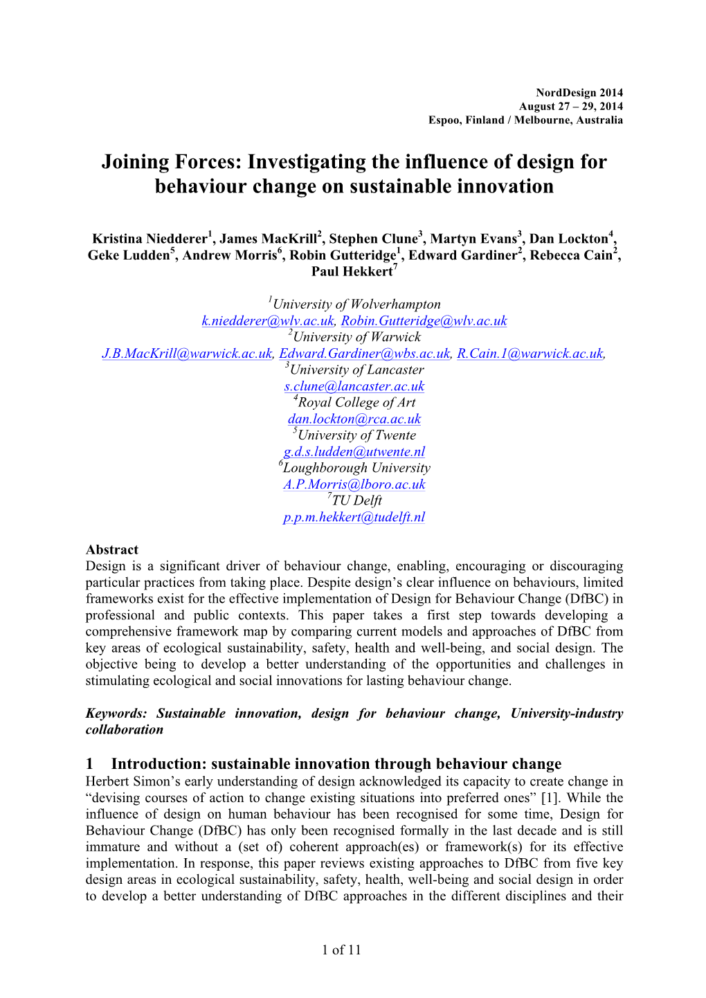 Investigating the Influence of Design for Behaviour Change on Sustainable Innovation