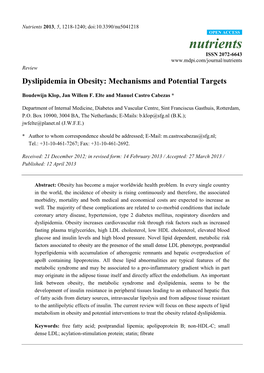 Dyslipidemia in Obesity: Mechanisms and Potential Targets