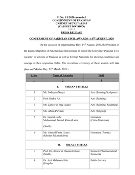 Conferment of Pakistan Civil Awards - 14Th August, 2020