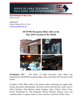 OCTFME Recognizes Blues Alley As the May 2019 Location of the Month
