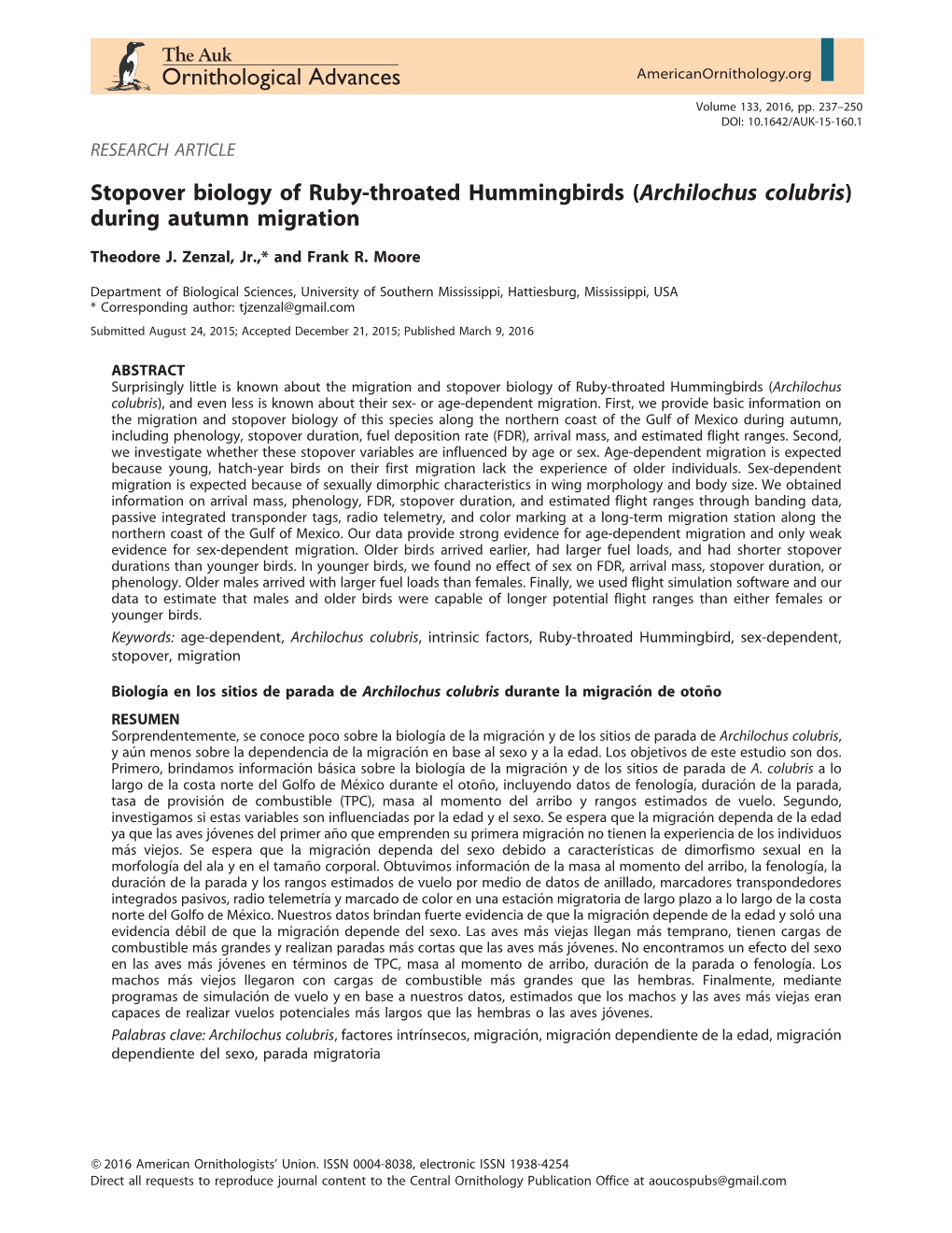 Stopover Biology of Ruby-Throated Hummingbirds (Archilochus Colubris) During Autumn Migration