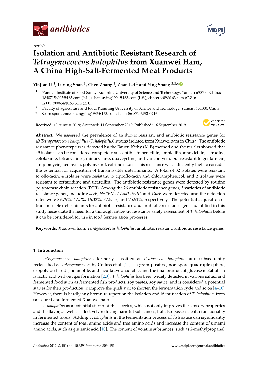 Isolation and Antibiotic Resistant Research of Tetragenococcus Halophilus from Xuanwei Ham, a China High-Salt-Fermented Meat Products