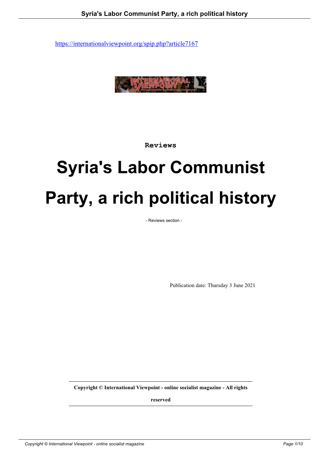 Syria's Labor Communist Party, a Rich Political History
