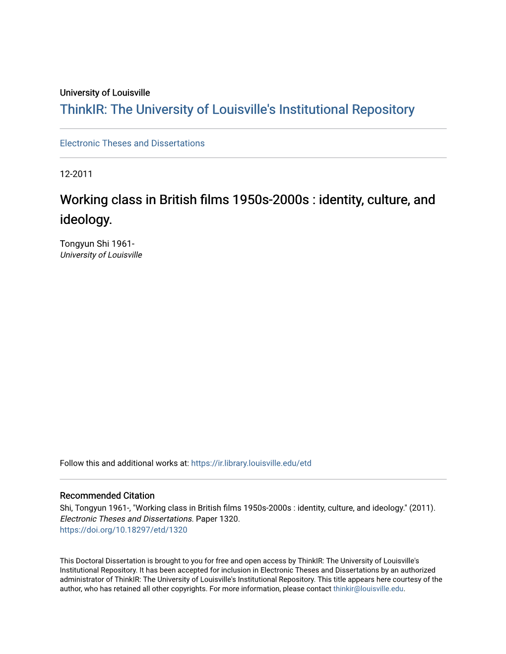 Working Class in British Films 1950S-2000S : Identity, Culture, and Ideology