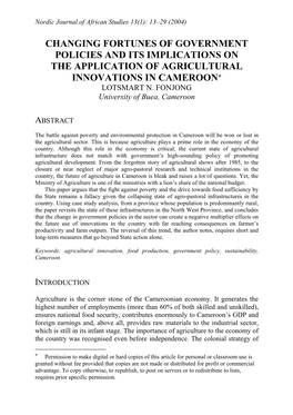 Changing Fortunes of Government Policies and Its Implications on the Application of Agricultural Innovations in Cameroon* Lotsmart N