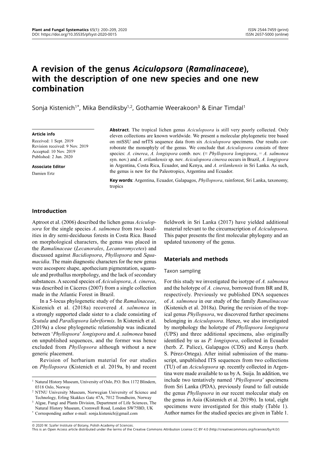 A Revision of the Genus Aciculopsora (Ramalinaceae), with the Description of One New Species and One New Combination