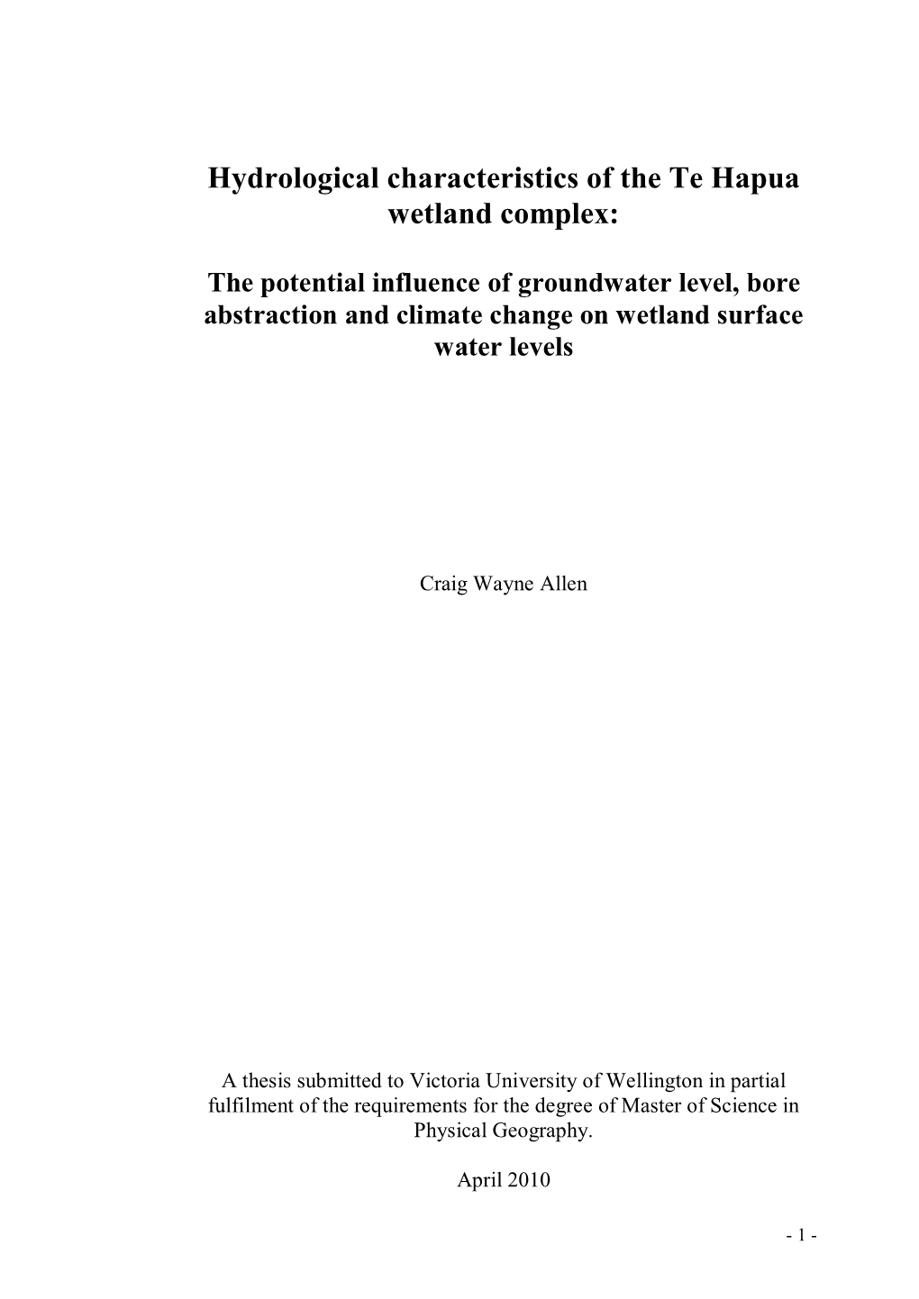 Hydrological Characteristics of the Te Hapua Wetland Complex