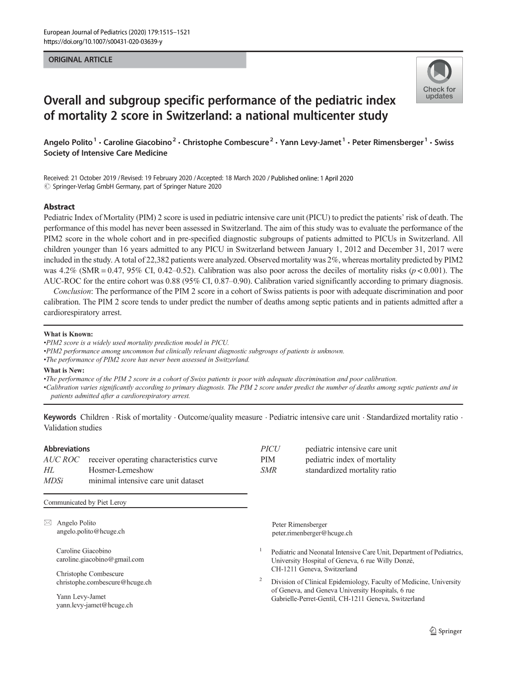 Overall and Subgroup Specific Performance of the Pediatric Index of Mortality 2 Score in Switzerland: a National Multicenter Study