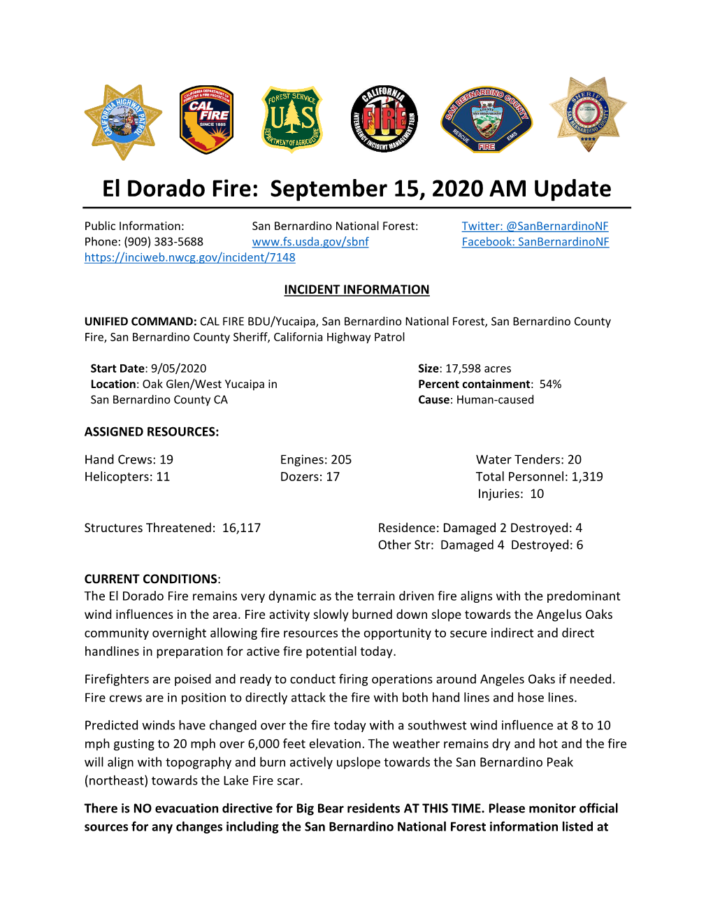 El Dorado Fire: September 15, 2020 AM Update