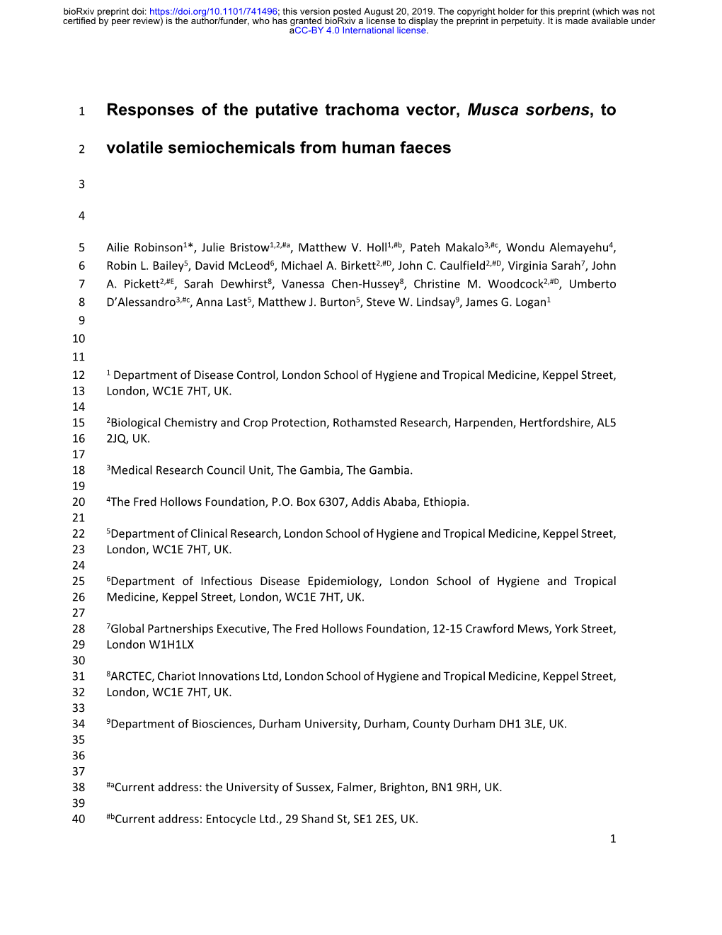 Responses of the Putative Trachoma Vector, Musca Sorbens, to Volatile