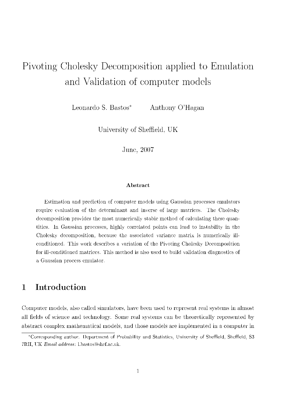 Pivoting Cholesky Decomposition Applied to Emulation and Validation of Computer Models