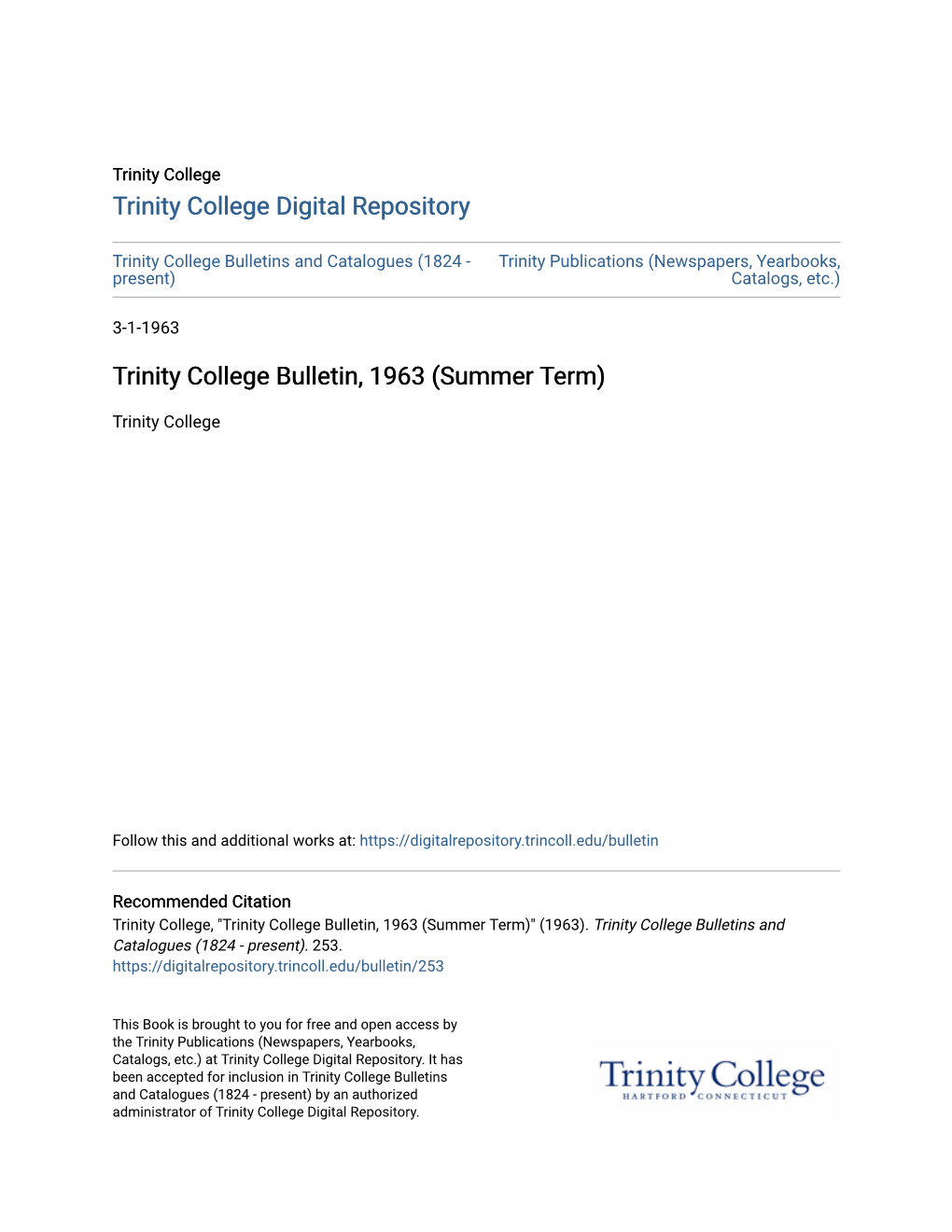 Trinity College Bulletin, 1963 (Summer Term)