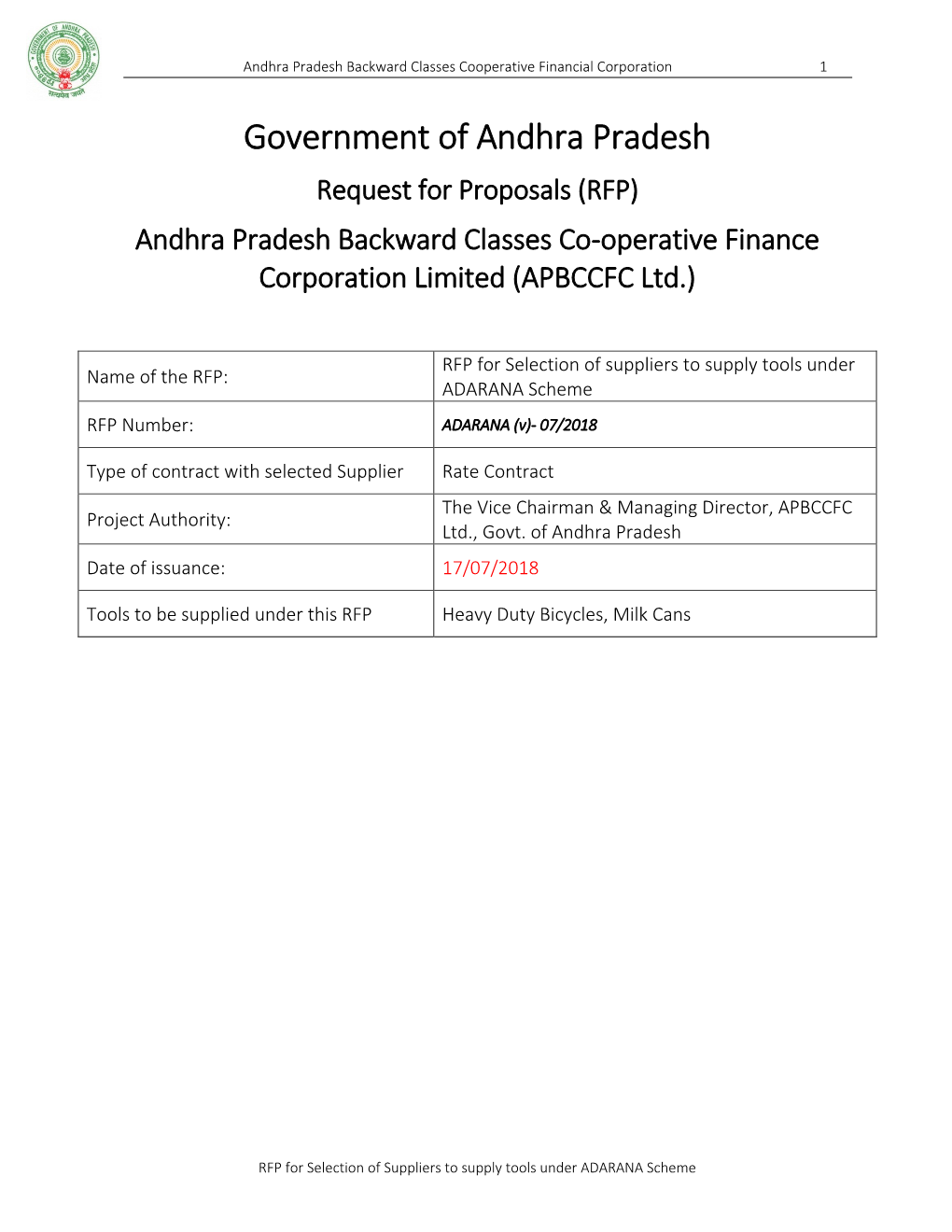 Government of Andhra Pradesh Request for Proposals (RFP) Andhra Pradesh Backward Classes Co-Operative Finance Corporation Limited (APBCCFC Ltd.)