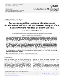 Species Composition, Seasonal Abundance and Distribution of Avifauna in Lake Hawassa and Part of the Eastern Wetland Habitats, Southern Ethiopia