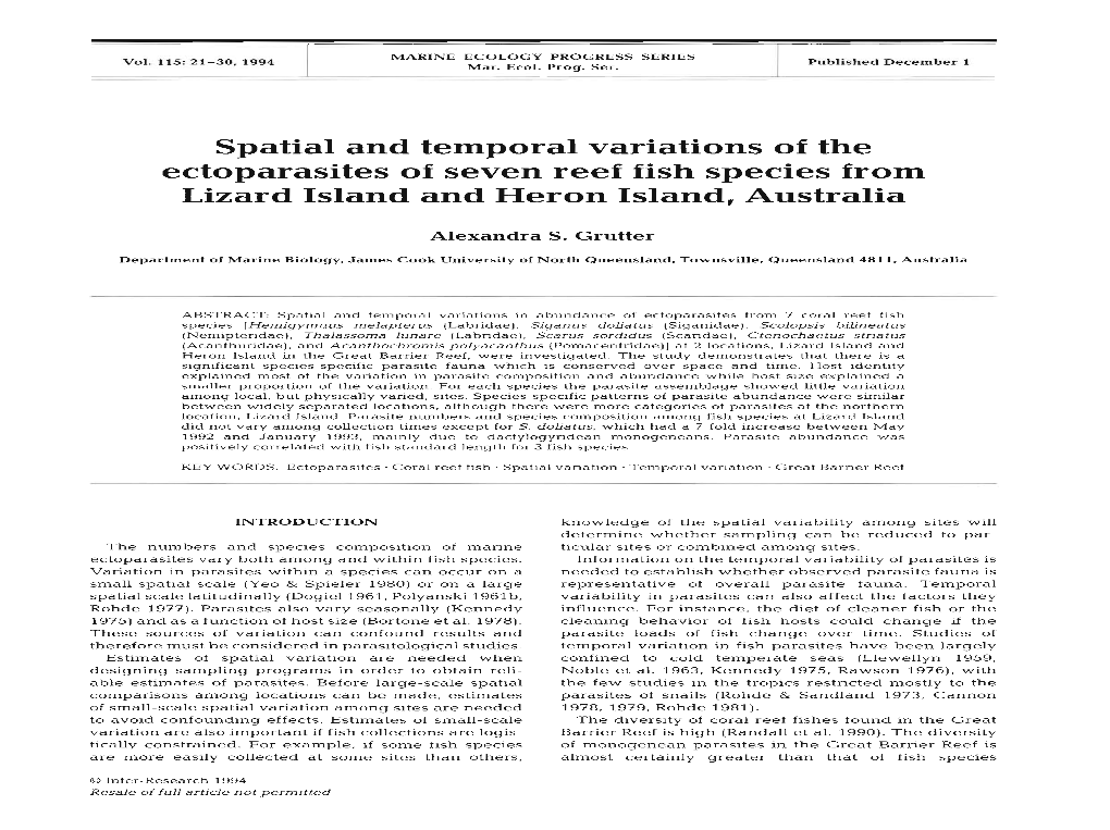 Spatial and Temporal Variations of the Ectoparasites of Seven Reef Fish Species from Lizard Island and Heron Island, Australia