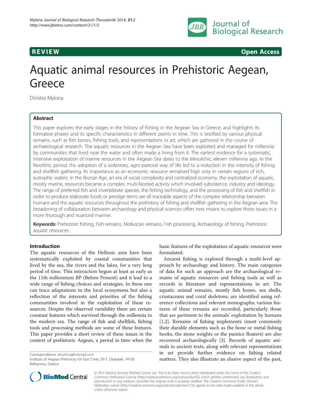 Aquatic Animal Resources in Prehistoric Aegean, Greece Dimitra Mylona