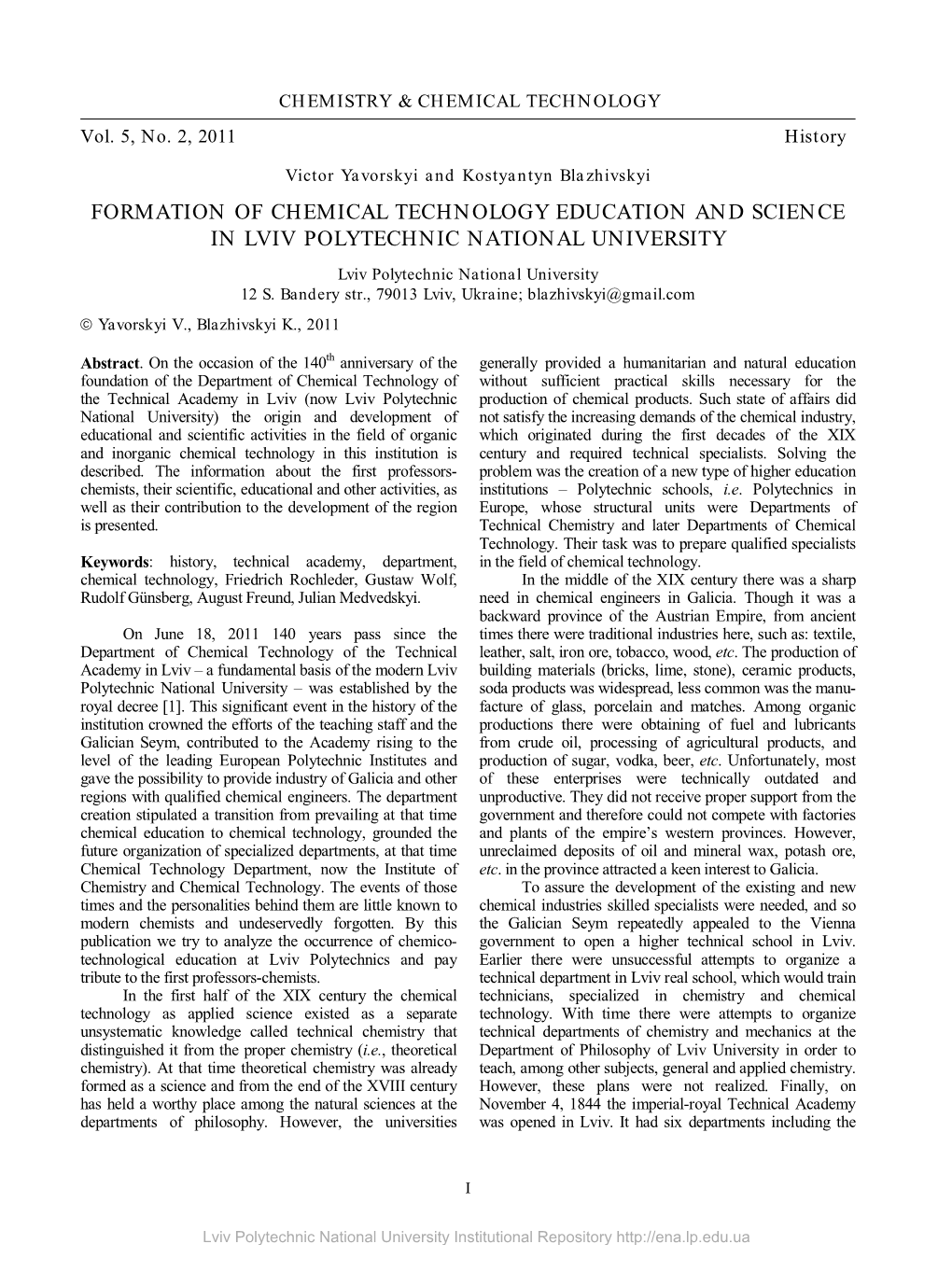 FORMATION of CHEMICAL TECHNOLOGY EDUCATION and SCIENCE in LVIV POLYTECHNIC NATIONAL UNIVERSITY Lviv Polytechnic National University 12 S