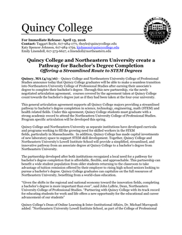 Quincy College and Northeastern Articulation Agreement 04 13 2016