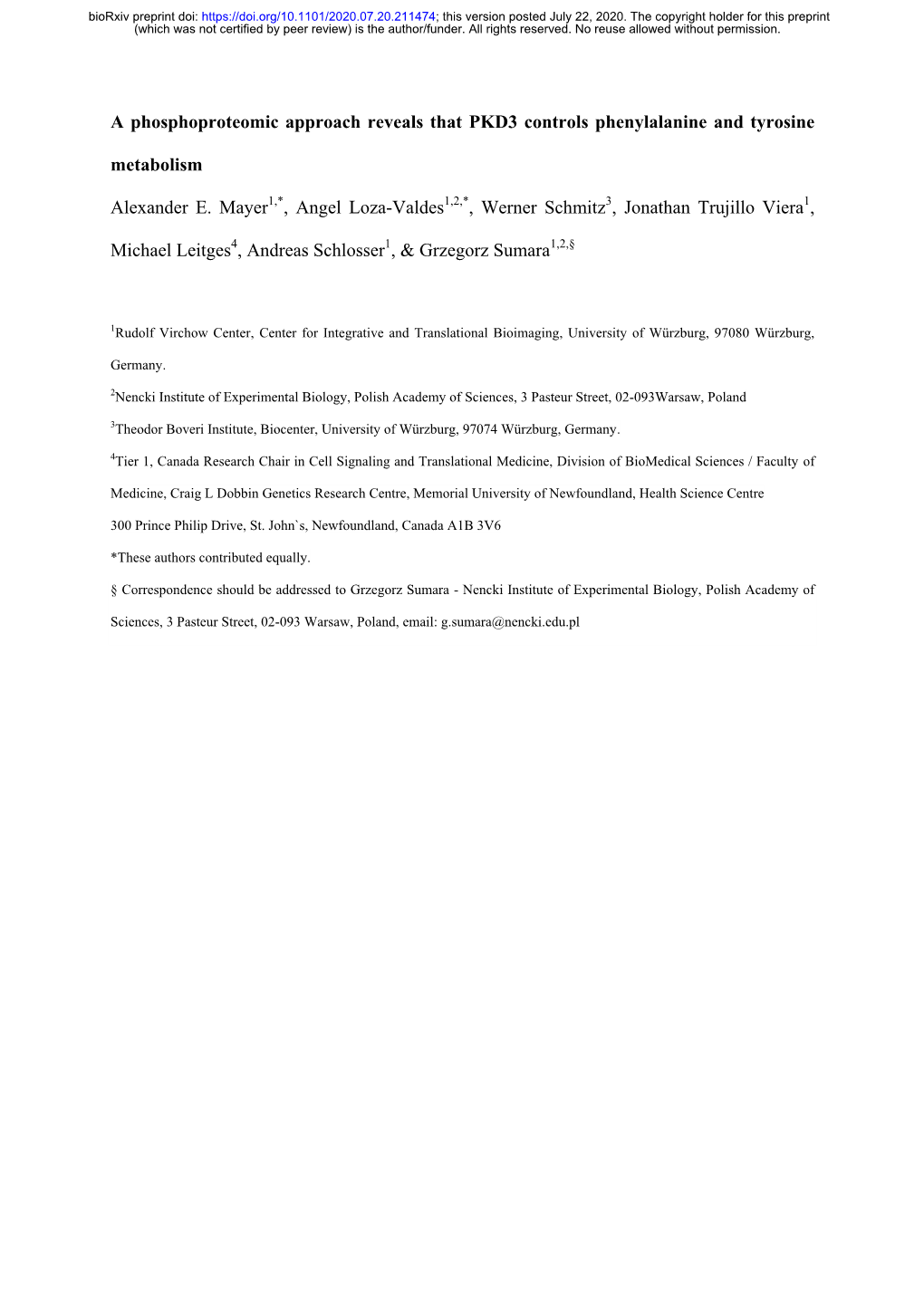 A Phosphoproteomic Approach Reveals That PKD3 Controls Phenylalanine and Tyrosine