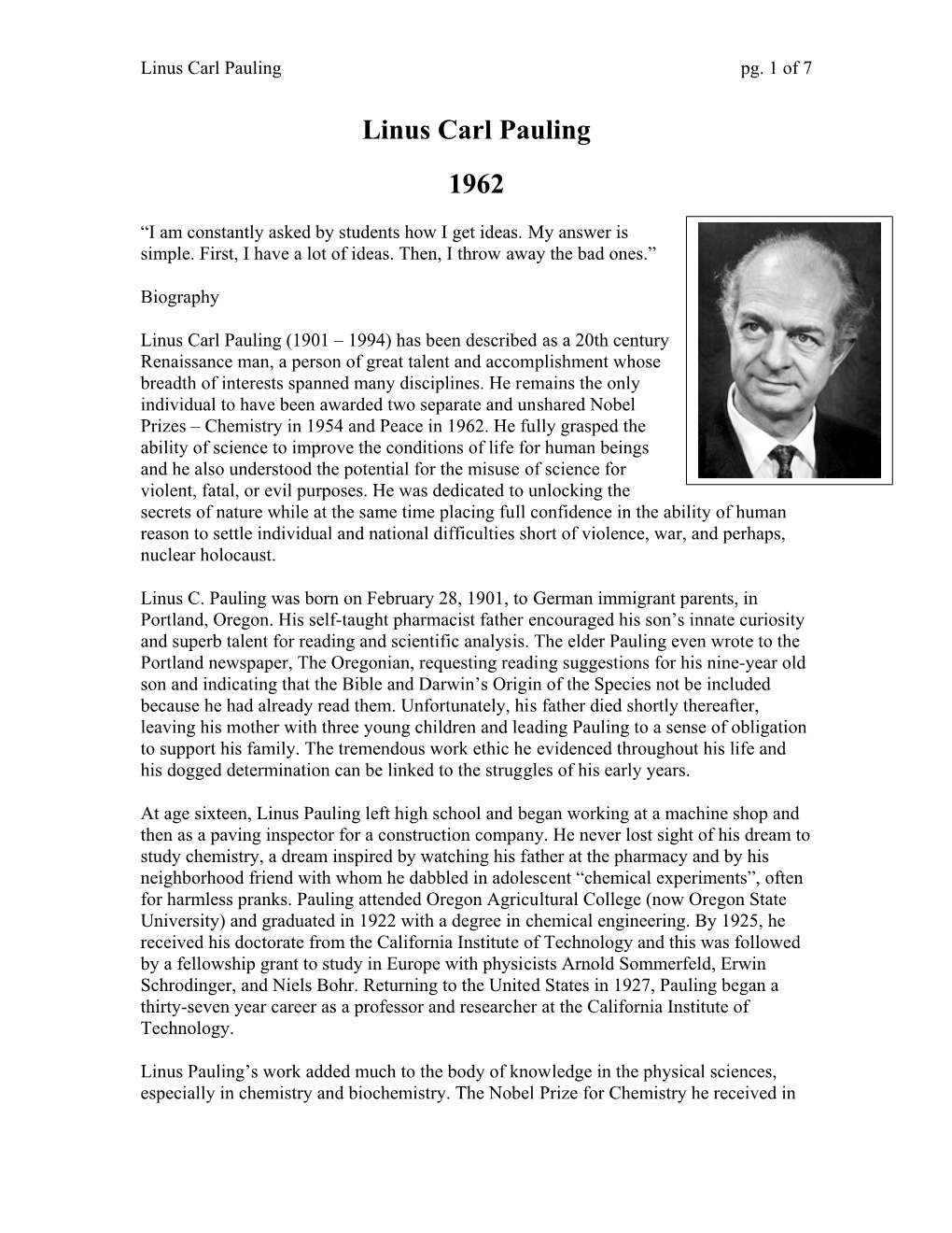 Linus Carl Pauling Pg