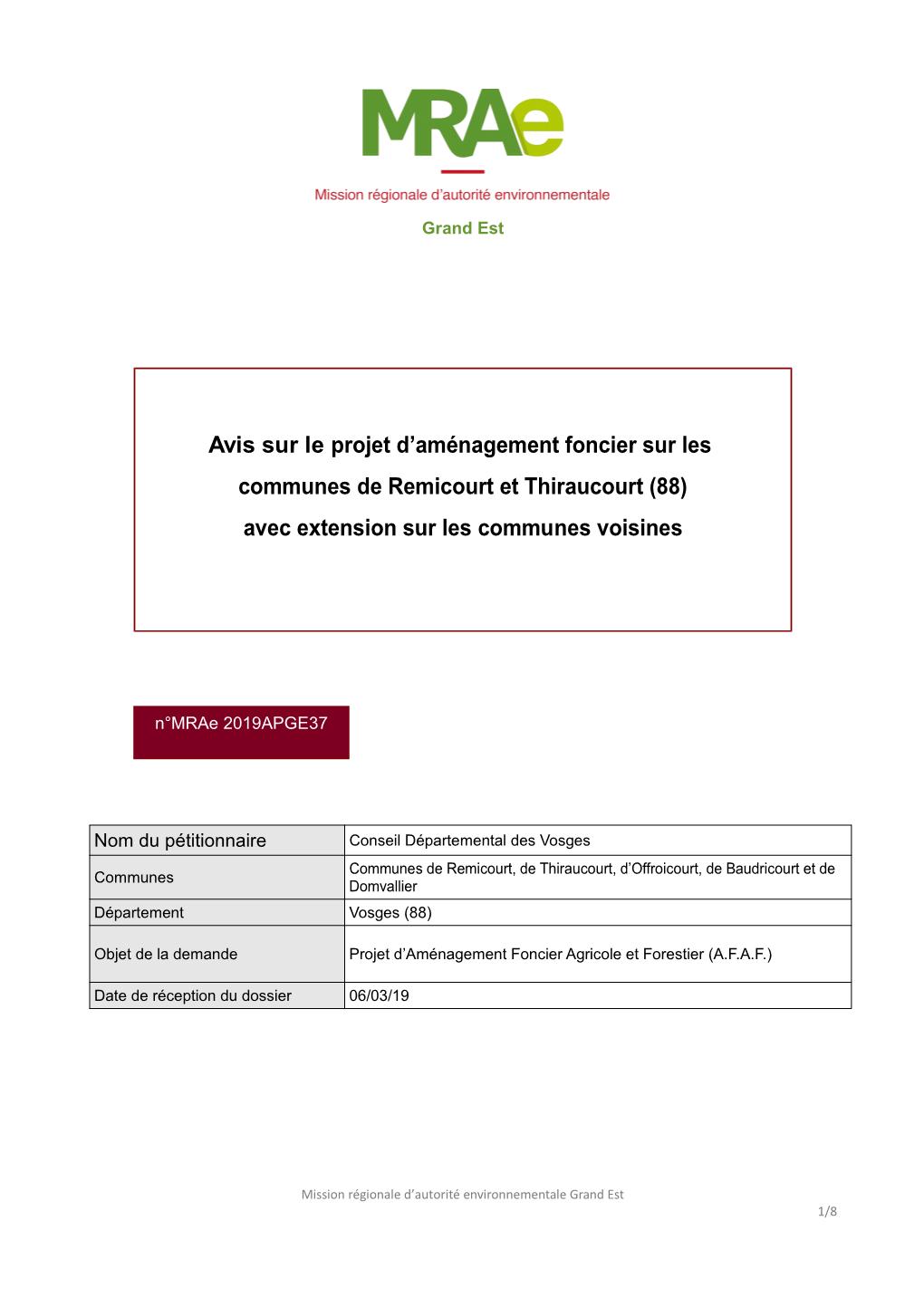 Avis Sur Le Projet D'aménagement Foncier Sur Les Communes