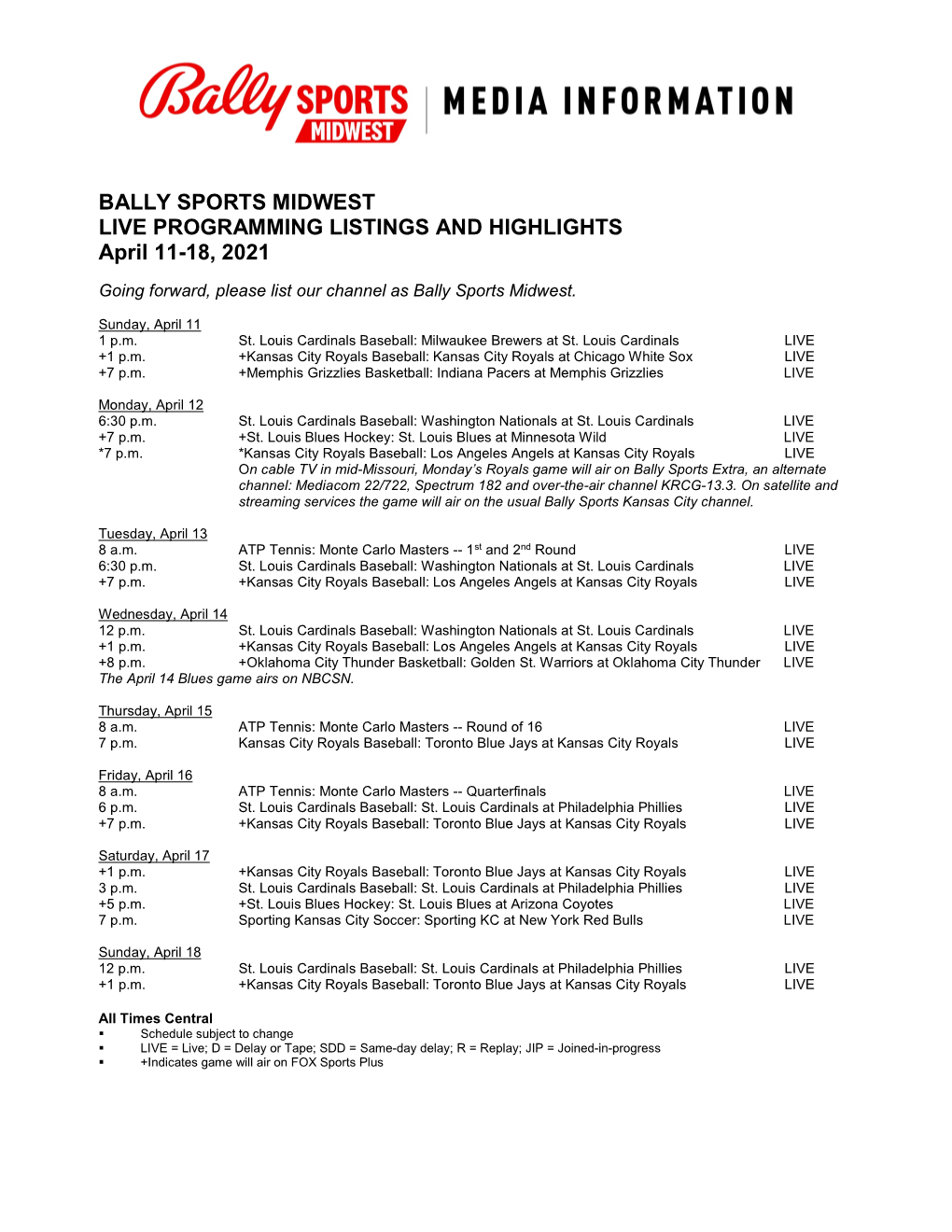 BALLY SPORTS MIDWEST LIVE PROGRAMMING LISTINGS and HIGHLIGHTS April 11-18, 2021