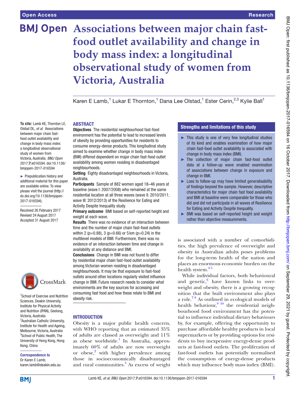 Food Outlet Availability and Change in Body Mass Index: a Longitudinal Observational Study of Women from Victoria, Australia
