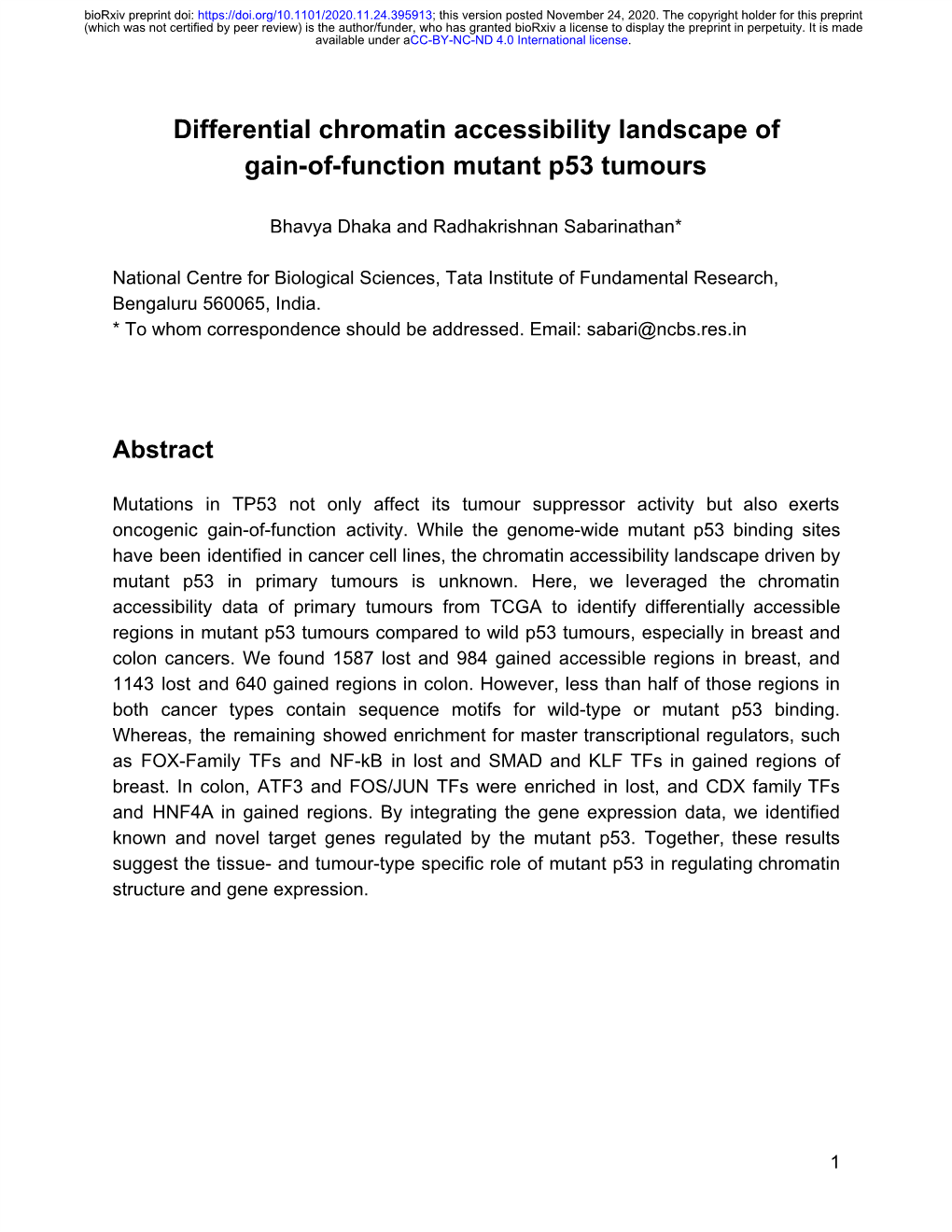 Differential Chromatin Accessibility Landscape of Gain-Of-Function Mutant P53 Tumours