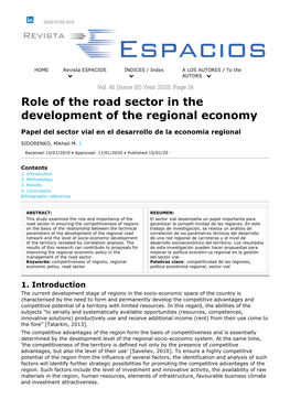 Role of the Road Sector in the Development of the Regional Economy