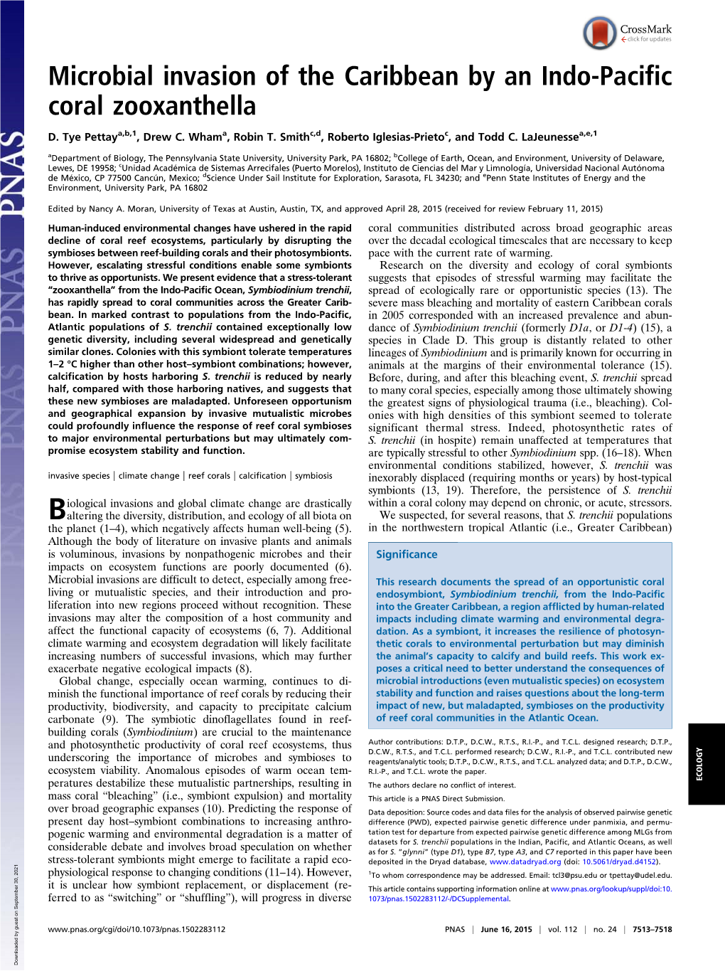 Microbial Invasion of the Caribbean by an Indo-Pacific Coral Zooxanthella