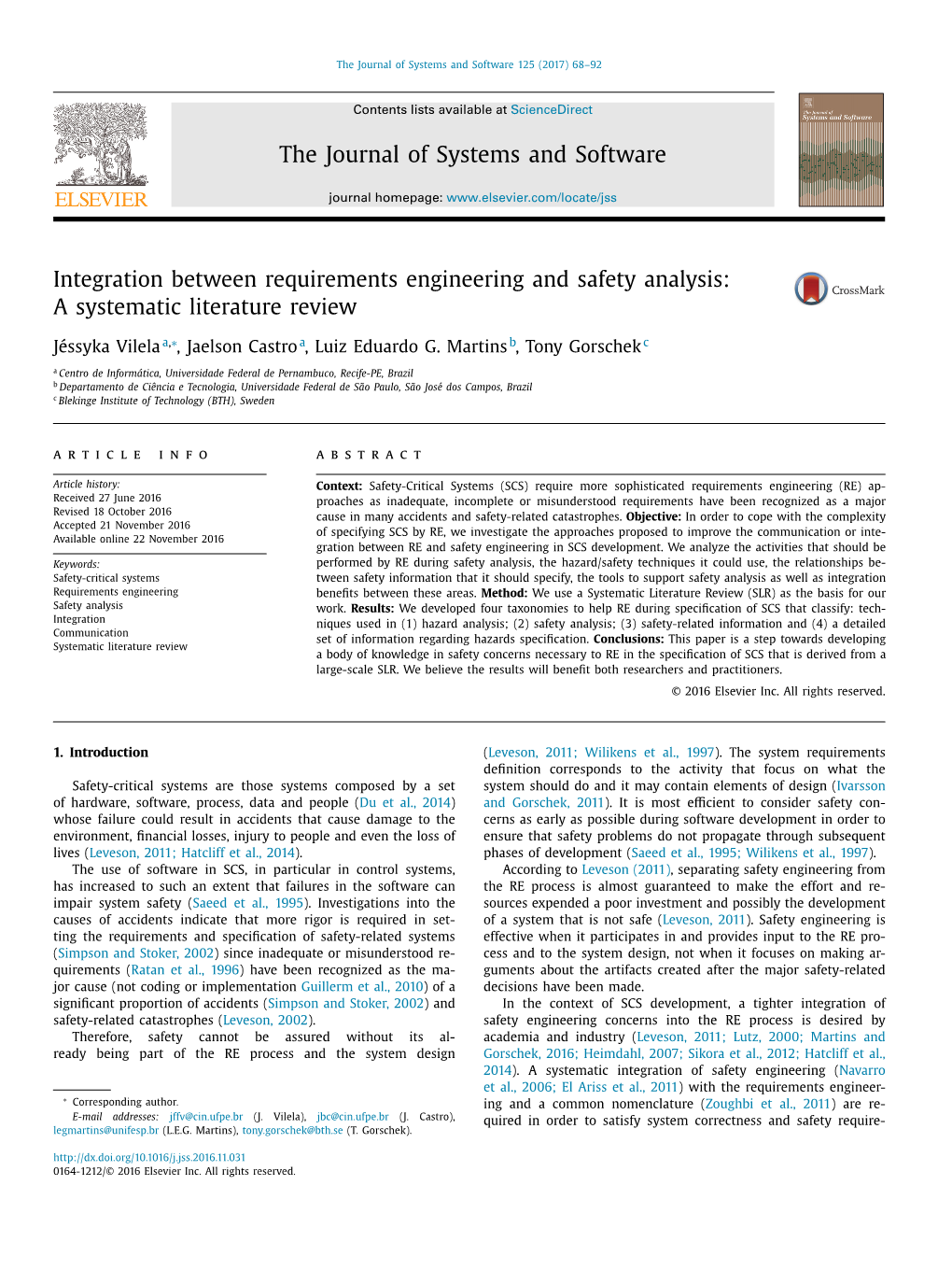 Integration Between Requirements Engineering and Safety Analysis: a Systematic Literature Review