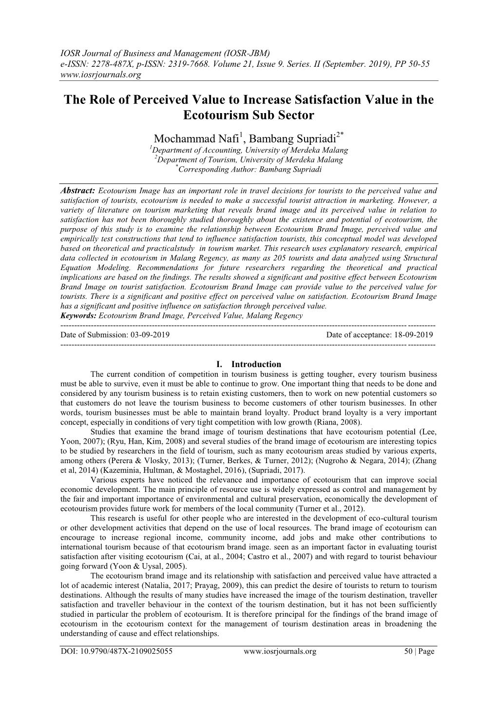 The Role of Perceived Value to Increase Satisfaction Value in the Ecotourism Sub Sector