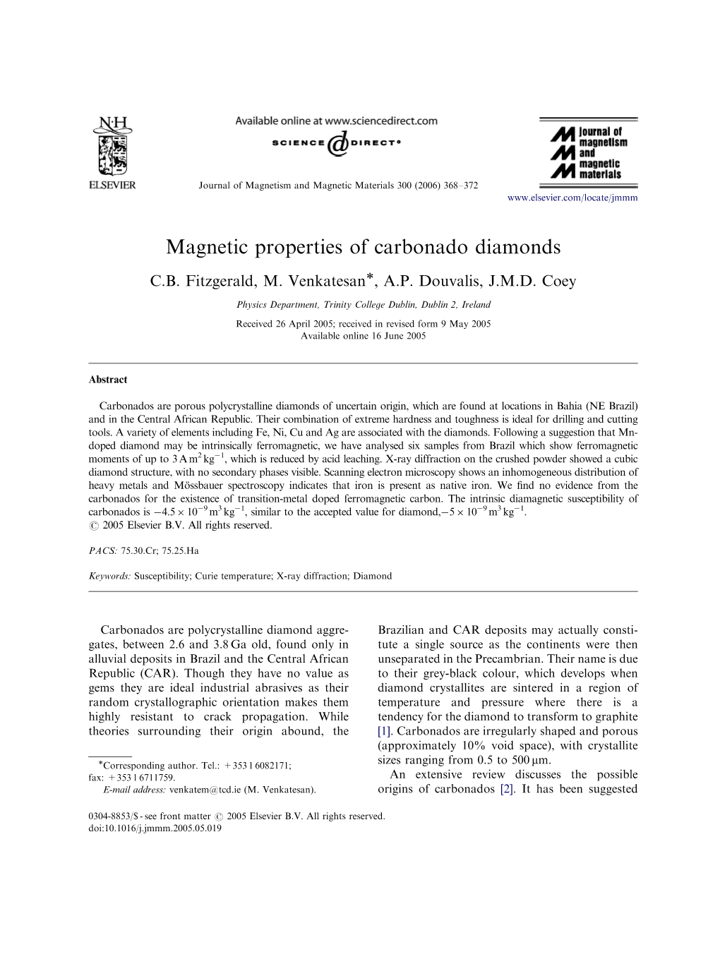 Magnetic Properties of Carbonado Diamonds