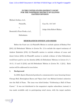 IN the UNITED STATES DISTRICT COURT for the NORTHERN DISTRICT of ILLINOIS EASTERN DIVISION Michael Jordan, Et Al., Plaintiffs