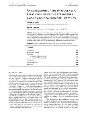 An Evaluation of the Phylogenetic Relationships of the Pterosaurs Among Archosauromorph Reptiles