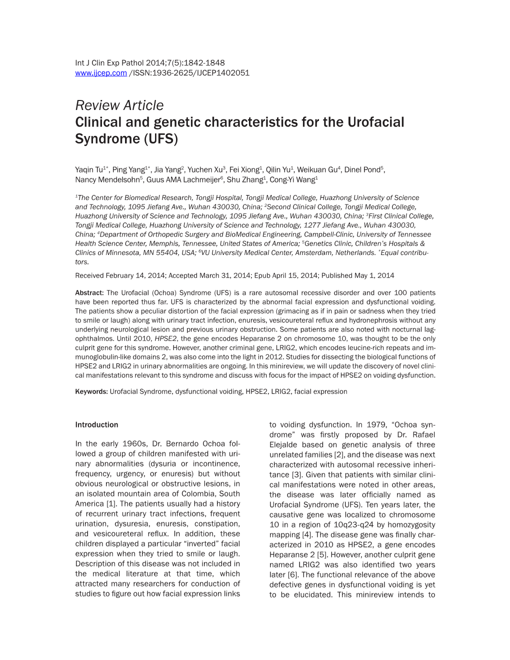 Review Article Clinical and Genetic Characteristics for the Urofacial Syndrome (UFS)